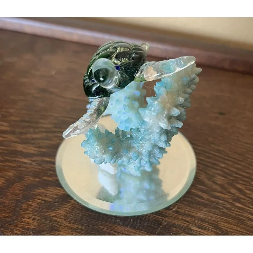 Miniature Glass Sea Turtle Figurine on Coral Coastal Nautical Collectible